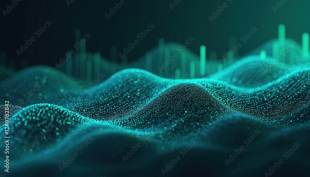 Poster abstract tech graphic displays dynamic sound waves. blue green pattern forms wavy lines. futuristic 