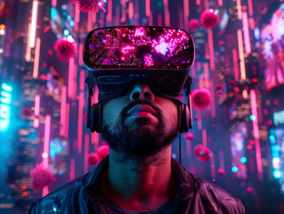 Obraz premium Immersive VR Experience: A man, captivated by a vibrant virtual reality experience, gazes upwards with wonder and curiosity, surrounded by a surreal, neon-lit cityscape and floating pink orbs.