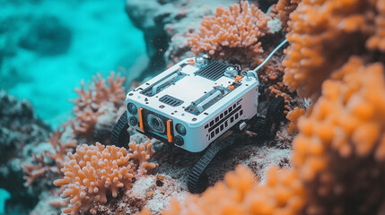 A remotely operated underwater vehicle with cables on the seabed, surrounded by colorful corals, symbolizing technological exploration in harmony with nature, with a blurred empty background space