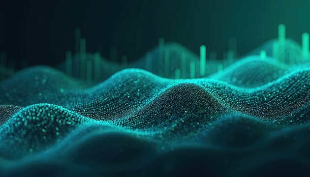 Abstract tech graphic displays dynamic sound waves. Blue green pattern forms wavy lines. Futuristic design suggests data flow music vibrations. Ai generated artistic elements create unique abstract