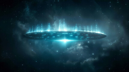 Cosmic Encounter: A mesmerizing, futuristic UFO with vibrant cyan energy pulses hovers amidst a nebula of stars and cosmic dust, creating a mysterious and awe-inspiring scene.  