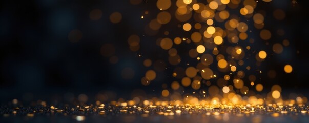 Golden confetti bursts against a dark background, elegant, celebration background, texture
