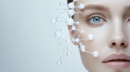 Modern Skincare Innovation: Close-up of a woman's face adorned with a delicate molecular structure, symbolizing the advanced science behind modern skincare products.