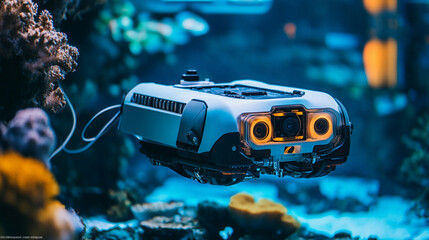 A remotely operated underwater vehicle with cables on the seabed, surrounded by colorful corals, symbolizing technological exploration in harmony with nature, with a blurred empty background space