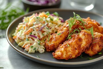 Fototapeta premium Crispy fish tenders, coleslaw, lunch