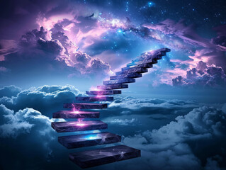 Celestial Stairway: A surreal and mesmerizing journey into the unknown, a stone staircase ascends into a celestial expanse of swirling nebulae, cosmic dust, and vibrant galaxies.