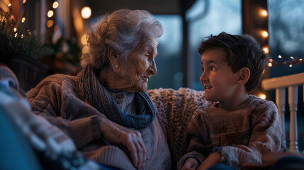 Generations Connected: An elderly woman and a young boy share a heartwarming moment of connection, their eyes locked in a tender exchange, bathed in the soft glow of evening lights.  