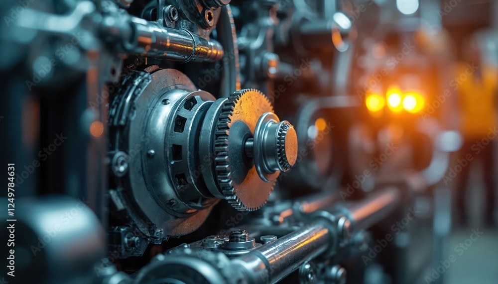 Poster closeup view of complex automotive machine parts. gears, engine components interact. advanced tech, 