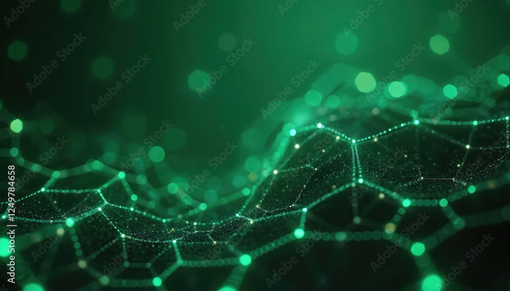 Poster abstract futuristic tech background. glowing green hexagons create interconnected network structure.