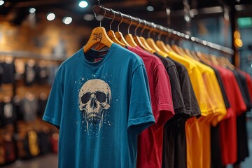 Obraz premium Variety of colorful t-shirts featuring skulls and heavy metal symbols, displayed on wooden walls