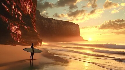 Surfer embracing sunset on rocky beach