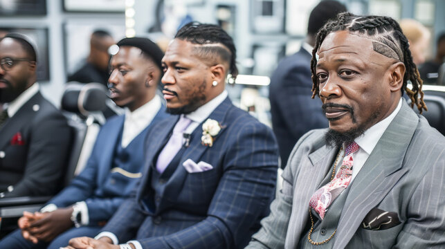 Sophisticated Gathering: Well-dressed men in sharp suits and stylish hairstyles sit attentively, exuding confidence and sophistication.  The image evokes a sense of community and shared purpose. 