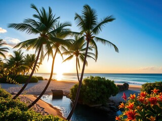 Fototapeta premium Palm trees sway gently in the ocean breeze as the sun sets over a serene sandy beach and crystal-clear river, surrounded by lush greenery and vibrant tropical flowers, crystal, palm, island