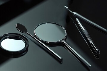 Dentist tools and mirrors resting on reflective black surface