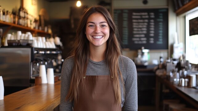 Friendly barista smiles in cozy coffee shop during busy morning hours