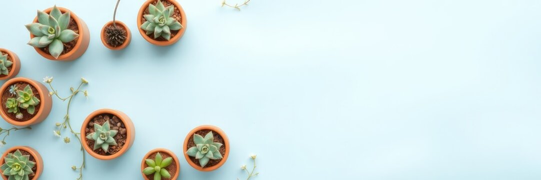 Pastel blue border flat lay with small terracotta pots and succulents, pastel blue border, flat lay decoration