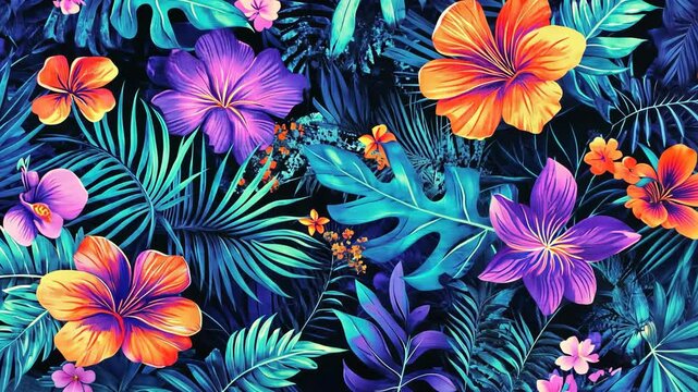 Bright tropical floral pattern featuring hibiscus and orchids with vibrant colors on a dark background