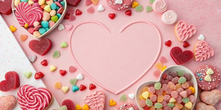 Pastel pink Valentine's Day flyer with a large heart design, surrounded by colorful candy and sweet treats, halloween alternative, pastel pink, valentines day, dessert