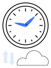 Analog clock with blue hands indicating time, situated above a cloud and bidirectional arrows. Ideal for productivity, time management, cloud computing, data transfer, synchronization, scheduling