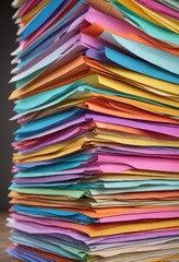 Piled stacks of colored papers with different tabs , organized workspace, color