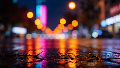 Neon-lit bokeh reflections on wet pavement at night, abstract glowing texture, colorful night reflections, vibrant city lights on pavement, neon glow abstract texture, wet street at night, bokeh city 