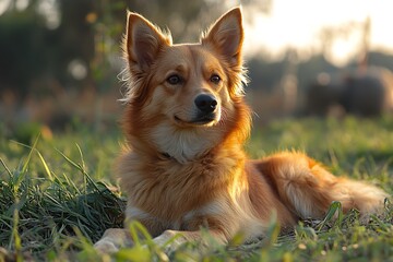 Golden dog lying in the grass during a warm sunset