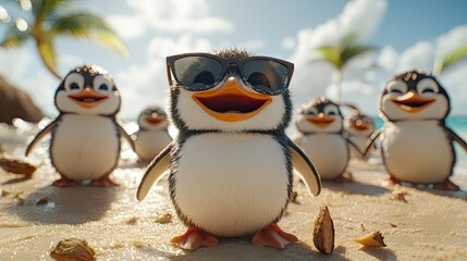 adorable penguins enjoy a tropical pool party