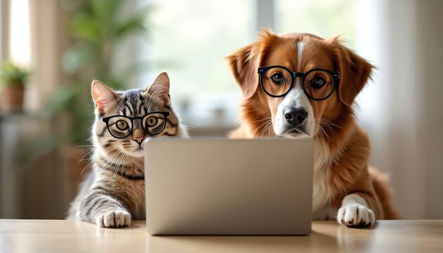 Cute cat, dog wear glasses. Work together at laptop. Indoor home office. Funny pets. Work-from-home humor. Teamwork, companionship concept. Pets, tech. Adorable animals in tech environment. Modern