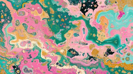Colorful Abstract Liquid Marble Texture with Swirling Patterns and Gold Accents
