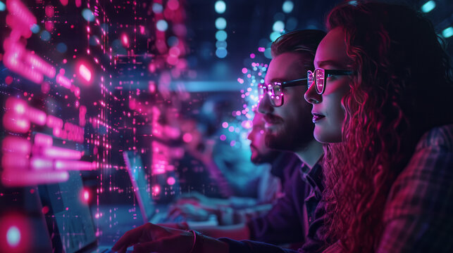Cybersecurity Team in Action: A focused team of tech professionals collaborates intensely, analyzing data streams visualized on screens in vibrant pink and blue hues.
