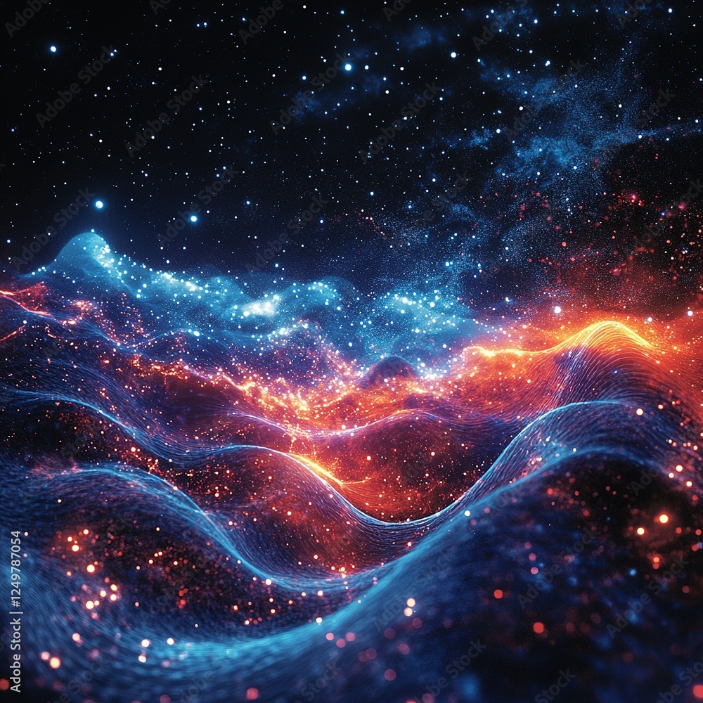 Poster exploring cosmic waves outer space digital art surreal environment wide angle abstract concepts