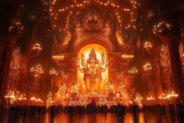 Obraz premium Golden Ganesha temple, festival, lights, worshipers