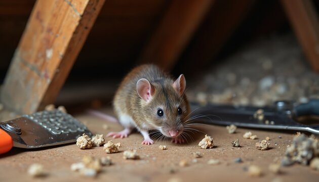 Close-up view of rat in attic space. Rat droppings, debris scattered on wooden floor. Exterminator tools like metal grater, traps present. Image suggests rodent infestation management, control. Rat