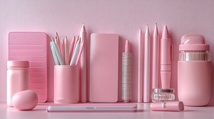 Pastel pink office and school supplies creatively arranged, echoing a back-to-school theme in a minimalistic