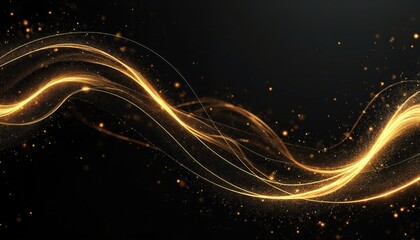 Abstract gold lines on black background. Glowing effect, sparkles. Dynamic design. Suitable for luxury concepts, corporate presentations, award ceremonies celebratory events. Elegant graphic design.