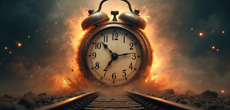 Time stops in dramatic visual. Rusty clock explodes in flames on train tracks. Surreal apocalyptic scene. Time ending. Concept illustration. Destruction of time, future. Concept photo for time travel