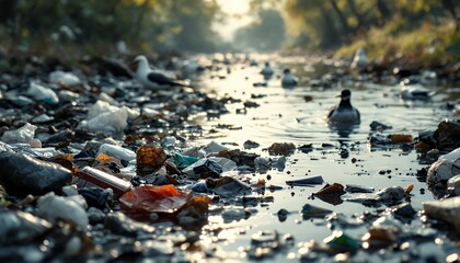 Fototapeta premium Polluted River Waterway with Trash and Seabirds Reflects Environmental Neglect