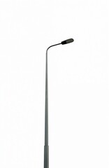 Tall gray metal street light pole stands against white background. Modern urban structure. Street light pole illuminates city. Strong design. Steel construction. Simple urban tech. Public lighting.