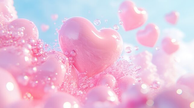 D-rendered pink hearts floating in soft pastel lighting.