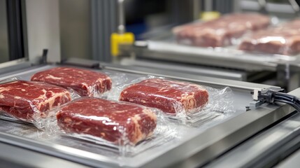 Advanced food packaging system sealing vacuum-packed meat products.