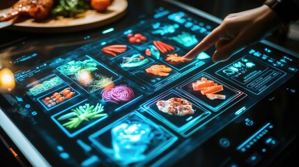 AI-assisted cooking assistant displaying holographic recipe instructions.