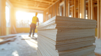 A stack of gypsum boards ready for installation, with a construction worker preparing a house under renovation. The modern, bright-toned scene has a blurred background with empty caption space