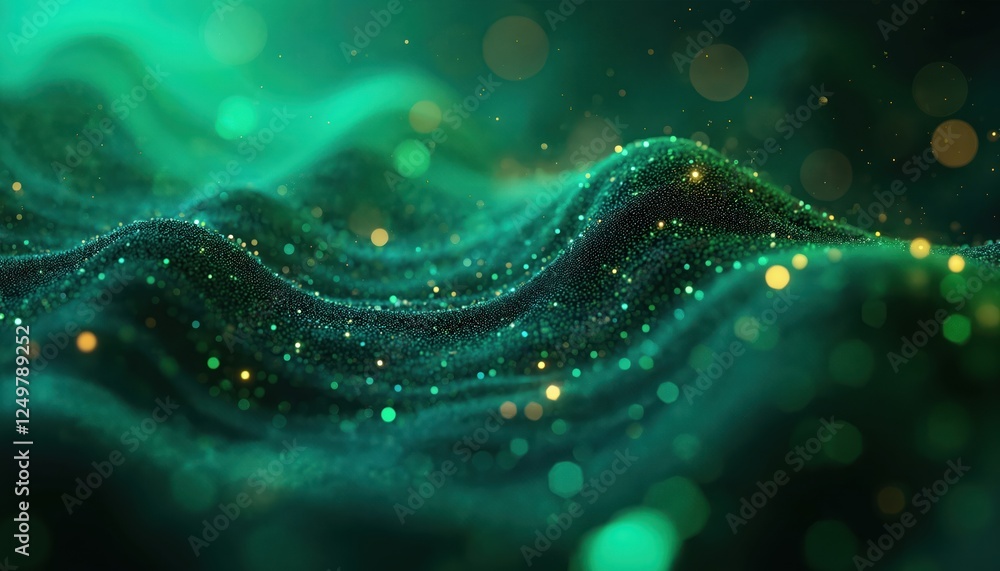 Poster abstract digital tech flow. dynamic green, blue particles. wave-like pattern creates sense of motion