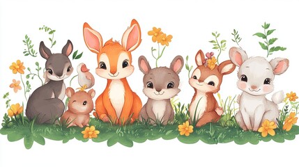 Charming animal friends gathering in a colorful meadow cute illustration whimsical design nature scene
