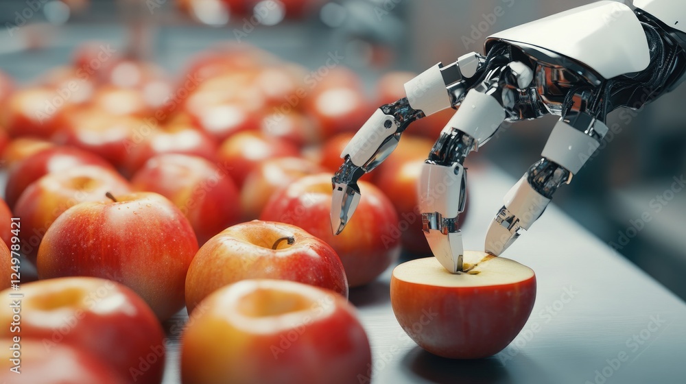 Poster ai-powered robotic arm peeling and slicing apples efficiently.