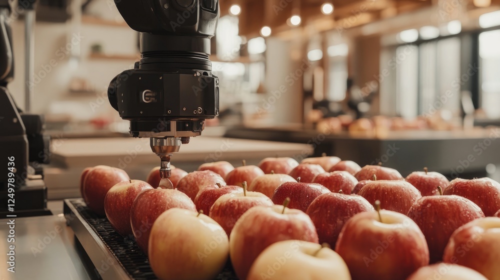Poster ai-powered robotic arm peeling and slicing apples efficiently.