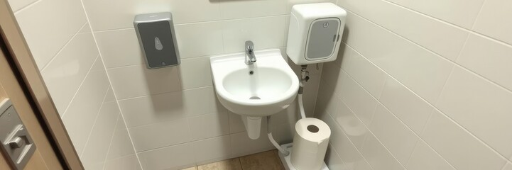 Single sink in small public toilet with wall soap dispenser and paper towels installed on the floor next to it, with a focus on the soap dispenser, convenience store, single sink