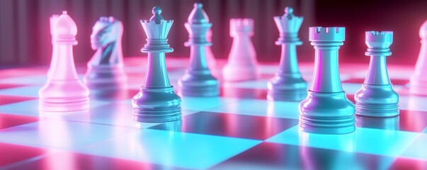 Neon Chessboard Game Setup, Strategy, Night