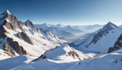 Naklejka premium Snow-covered mountains and valleys under a clear blue sky, cold weather, mountain range