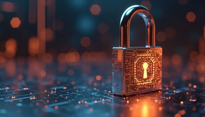 Shiny silver lock with keyhole on blue background. Advanced security concept. Digital lock represents safety, protection against cybercrime. Modern tech solution. Illustration suitable for tech